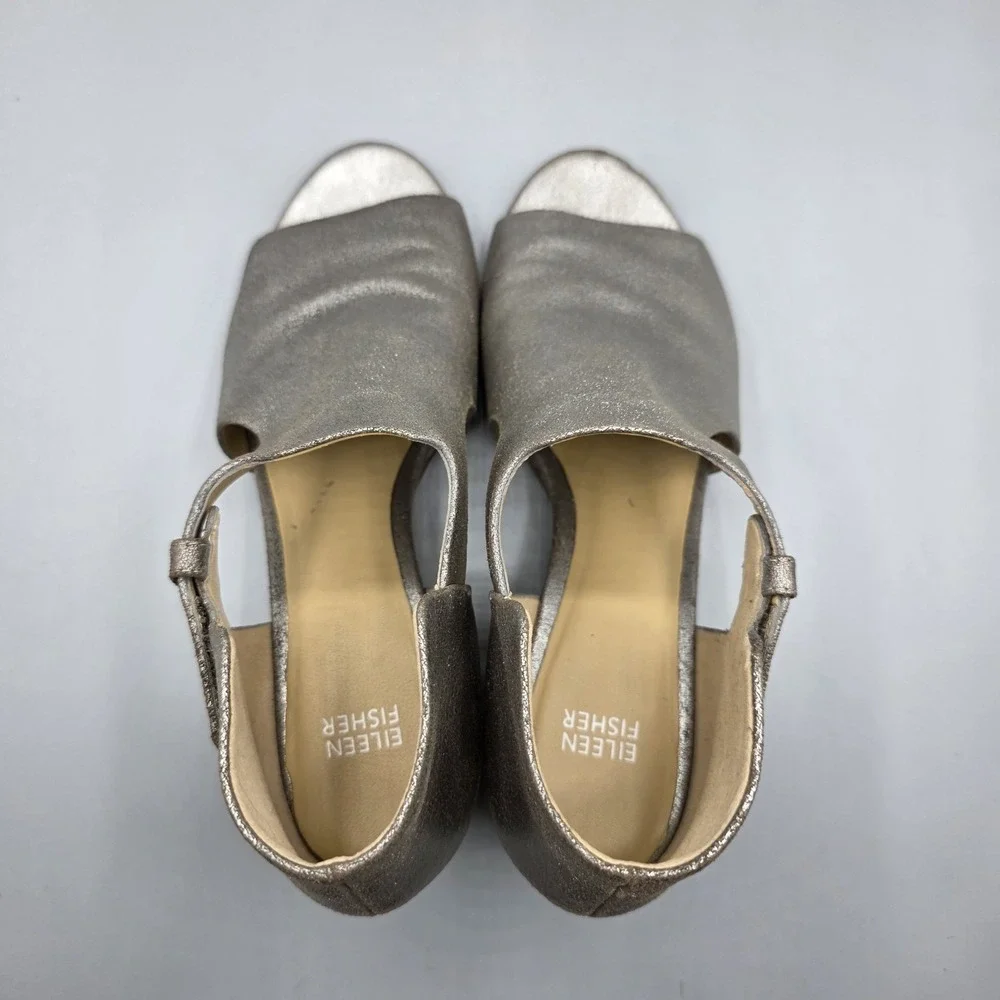 Eileen Fisher Iris Sandals Womens 9.5 Pewter Leather Block Heel Adjustable Strap